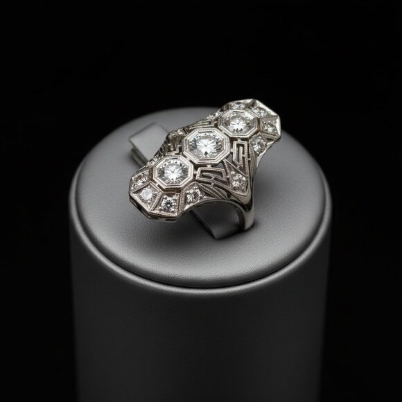 Vintage European Cut Art Deco Antique Silver Ring - Picture 6 of 9